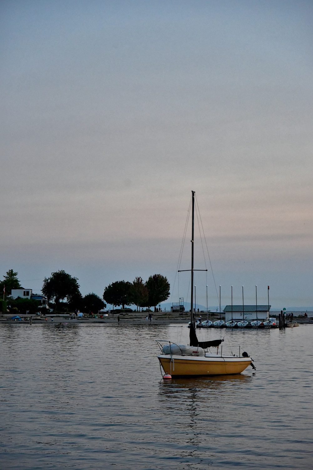 A yellow sailboat moored on flat water at dusk, with a beach, trees and the low sheds of a sailing club behind it